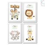 Kit 4 Quadros Decorativos Safari Baby Aquarela Moldura Vidro Cor Da Armação:branca