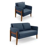 Kit 1 Sofá Namoradeira E 1 Poltrona Lana Suede Azul Marinho Base De Madeira - D&#39;rossi
