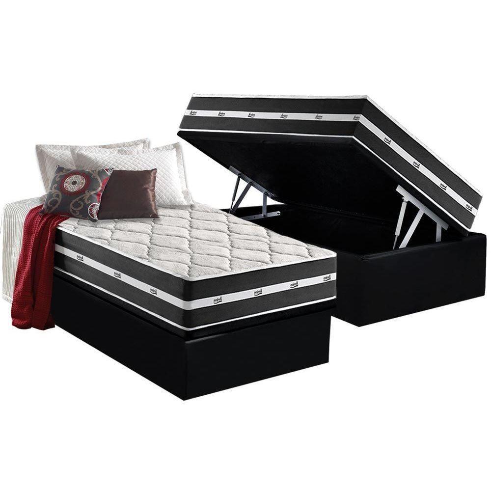 Cama Box Baú Solteiro: Colchão Molas Superlastic Classic + Base Crc Suede Black(88x188)