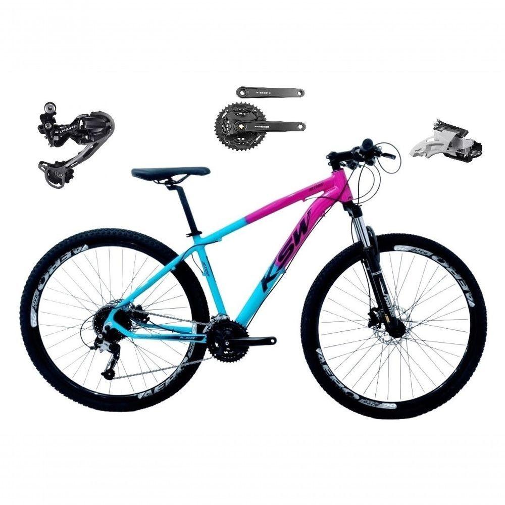 Bicicleta Aro 29 Ksw Xlt Câmbio Traseiro Shimano Deore E Altus 27v Freio Hidráulico Garfo Trava - Rosa/azul Tam.19