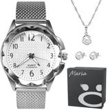 Relogio Feminino Prova Dagua Aço Inox + Pulseira + Colar Pulseira Ajustavel Presente Casual Moda