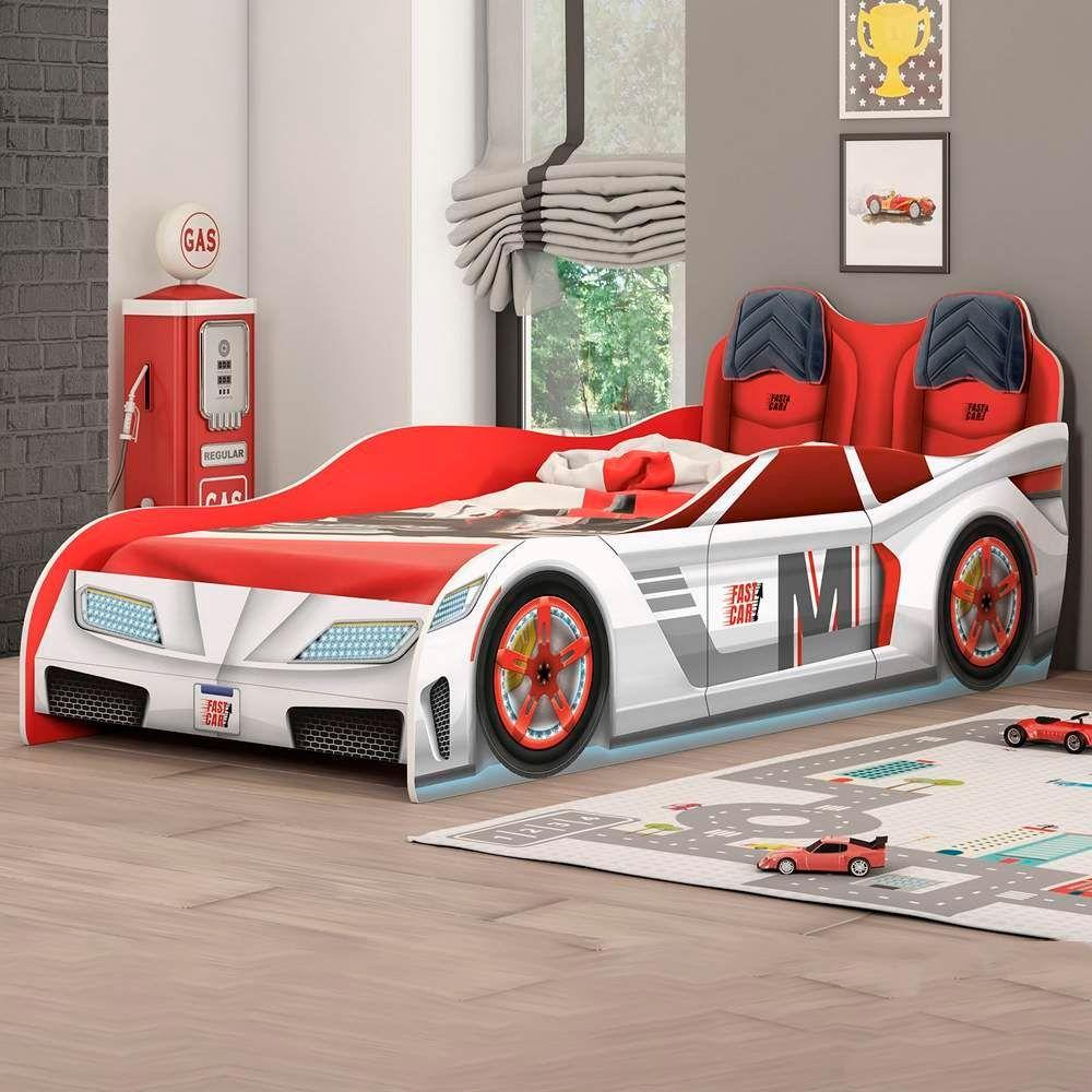 Cama Infantil Carro Fast Car Branco Vermelho Móveis Estrela