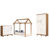 Quarto Infantil Guarda Roupa 3 Portas Cômoda 4 Gavetas Bolinha E Minicama Montessoriana - Peroba