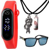 Relogio Digital Infantil Naruto Led + Colar Duplo + Oculos Vermelho Protecao Uv Melhores Amigos