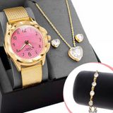 Relogio Feminino Prova Dagua Dourado + Pulseira + Colar Coração Casual Qualidade Presente