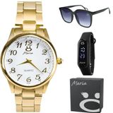 Caixa + Relogio Feminino Dourado Aço + Oculos Protecao Uv Social Inoxidavel Casual Qualidade