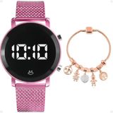 Relogio Digital Feminino Aço Silicone Led Rosa + Pulseira Casual Qualidade Moda Rosa Social