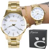 Relogio Feminino Dourado Banhado Inox Aço + Caixa Presente Ouro Original Analogico