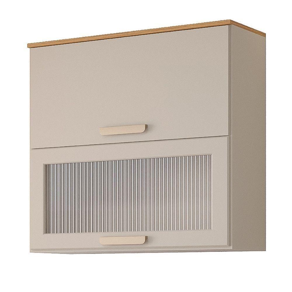 Armário Aéreo De Cozinha Mdf 80cm 2 Pts Basculantes 1 Em Vidro Móveis Freijó-off White