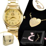 Relogio Feminino Dourado Banhado Aço + Colar + Pulseira Qualidade Ouro Casual Inoxidavel