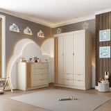 Quarto Infantil Completo Guarda-roupa 3 Portas 4 Gavetas Com Cômoda 100% Mdf Ayla Off White