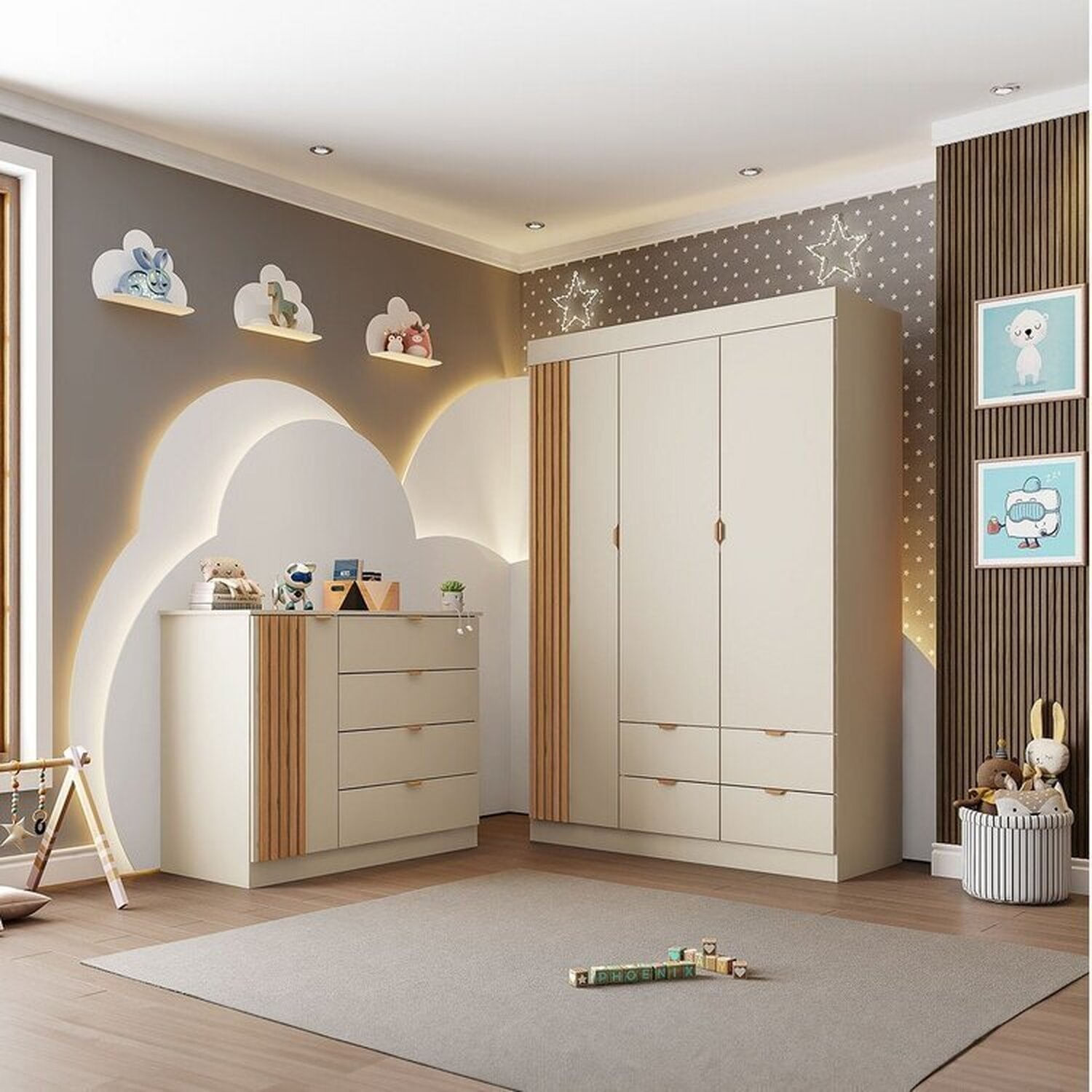 Quarto Infantil Completo Guarda-roupa 3 Portas 4 Gavetas Com Cômoda 100% Mdf Ayla Off White