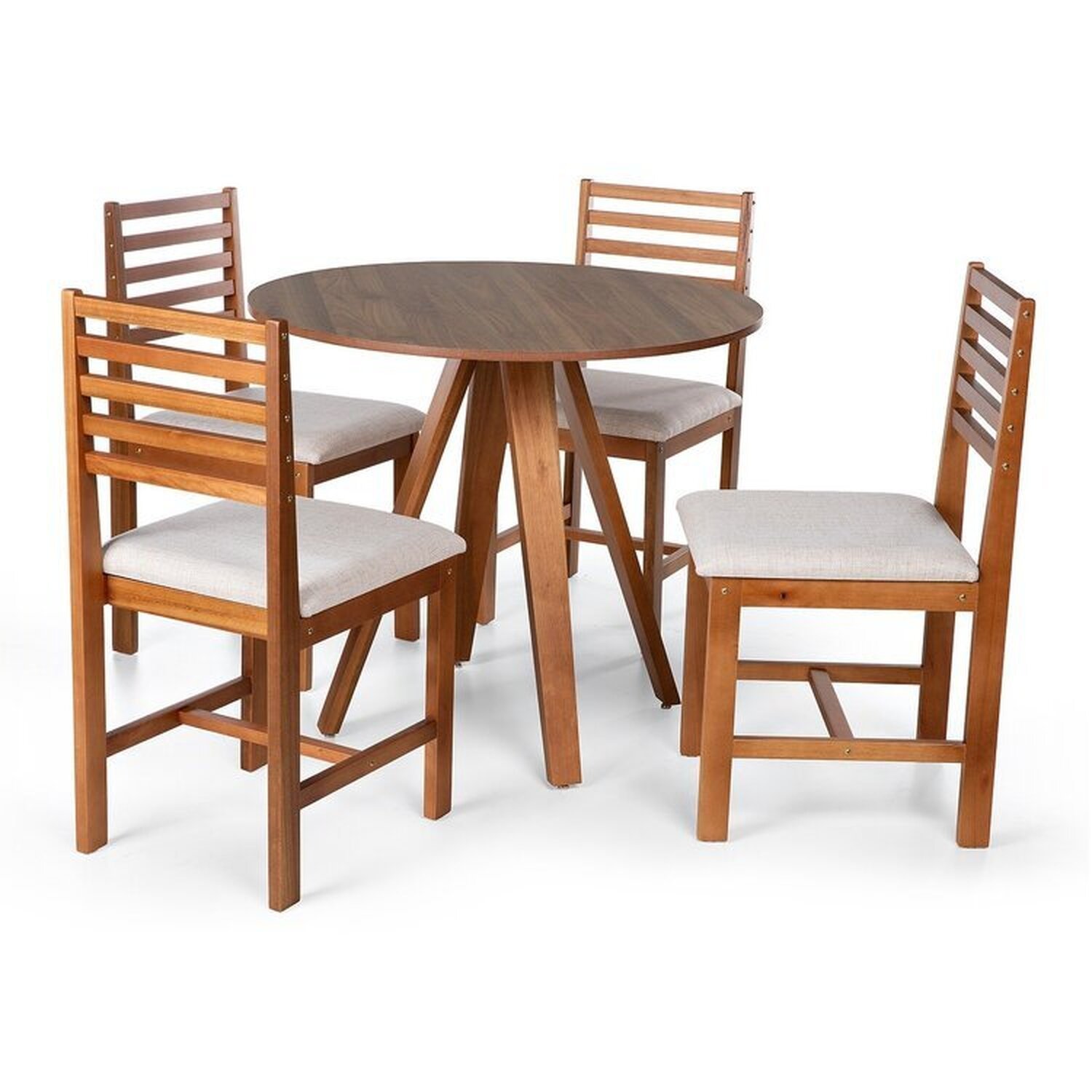 Conjunto Mesa De Jantar Redonda Tai 90cm Amadeirada Com Cadeiras Luna Estofadas Madeira Maciça Amadeirado/cinza