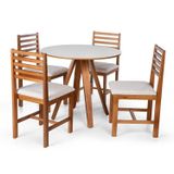 Conjunto Mesa De Jantar Redonda Tai 90cm Com Cadeiras Luna Estofadas Madeira Maciça Branco/bege