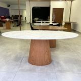 Mesa De Jantar Cone Oval 160x90 Cm Tampo Marmorizado Calacata Bronze - Base Freijó Marrom