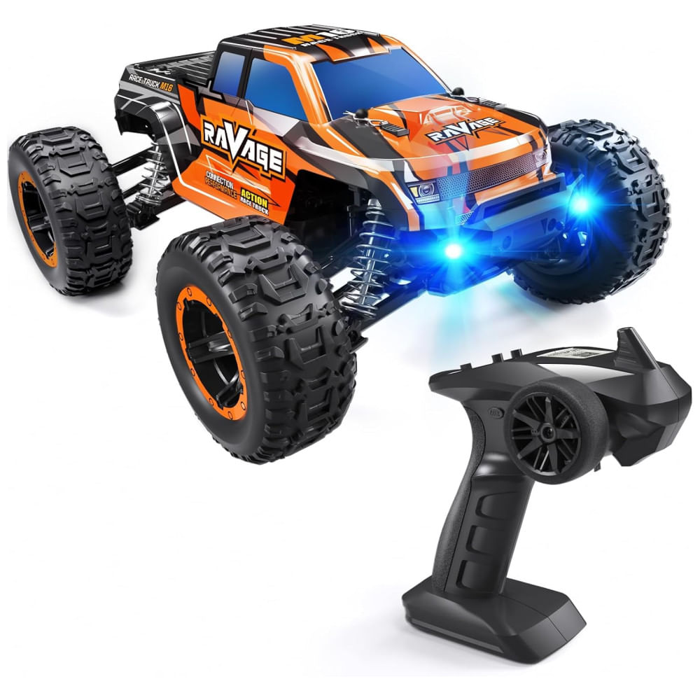 Carrinho De Controle Remoto Off Road Escala 1:16 De Velocidade Ajustável Com Farol Led, Loolinn, Laranja