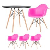 Mesa Redonda Eames 90 Cm Preto + 3 Cadeiras Eiffel Daw Rosa Pink