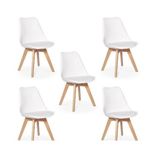 Conjunto C-5 Cadeiras Charles Eames Leda Saariem Design Wood Estofada Base Madeira - Branca