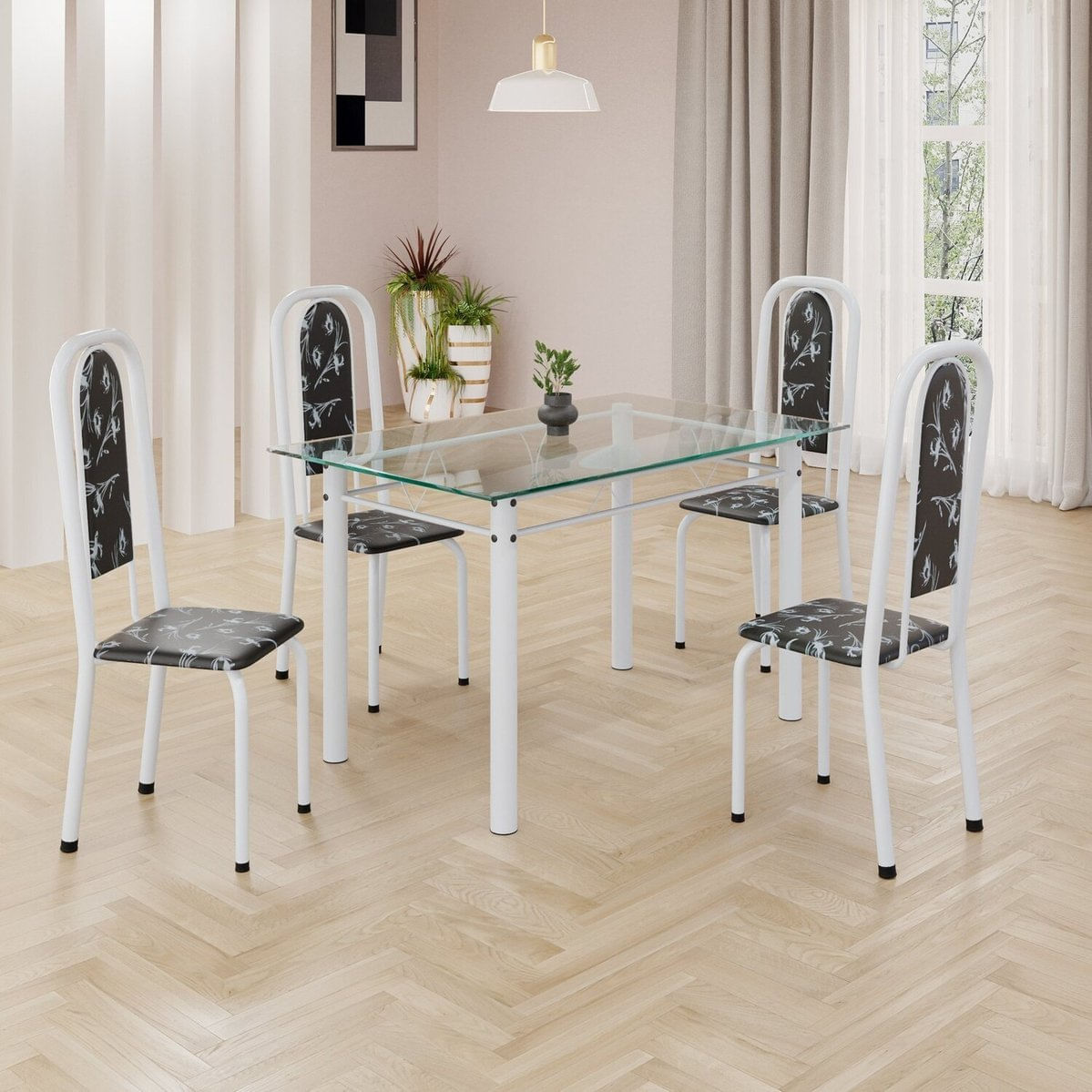 Conjunto De Mesa Retangular A 120x75cm Tampo De Vidro 4 Cadeiras Lavínea Preto Floral/ Branco