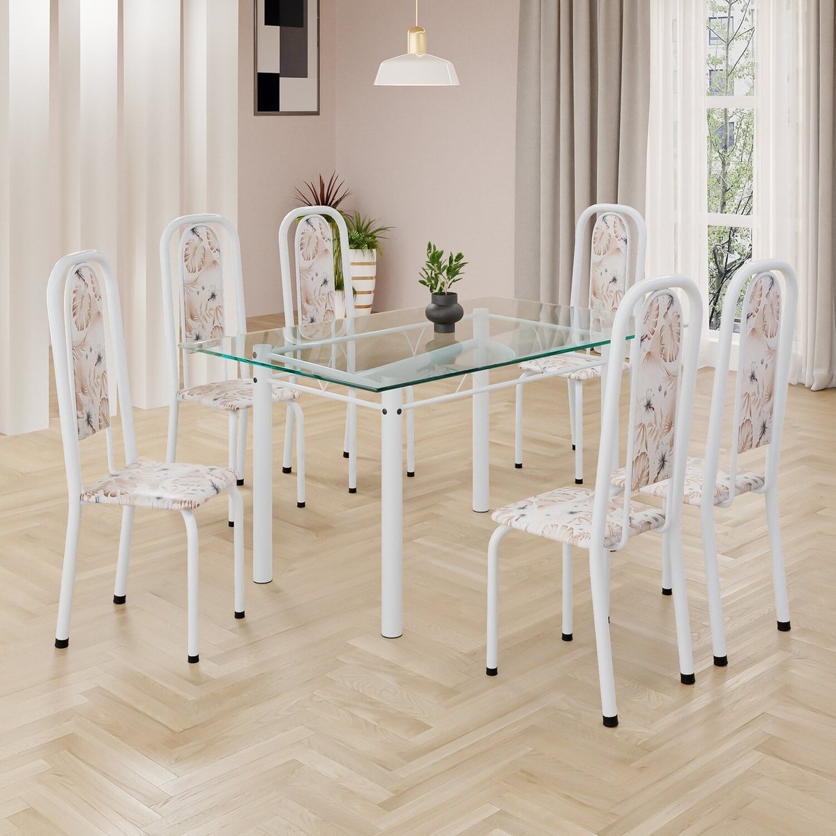 Conjunto De Mesa Retangular 140x75cm Tampo De Vidro 6 Cadeiras Lavínea Botanic Bege / Branco