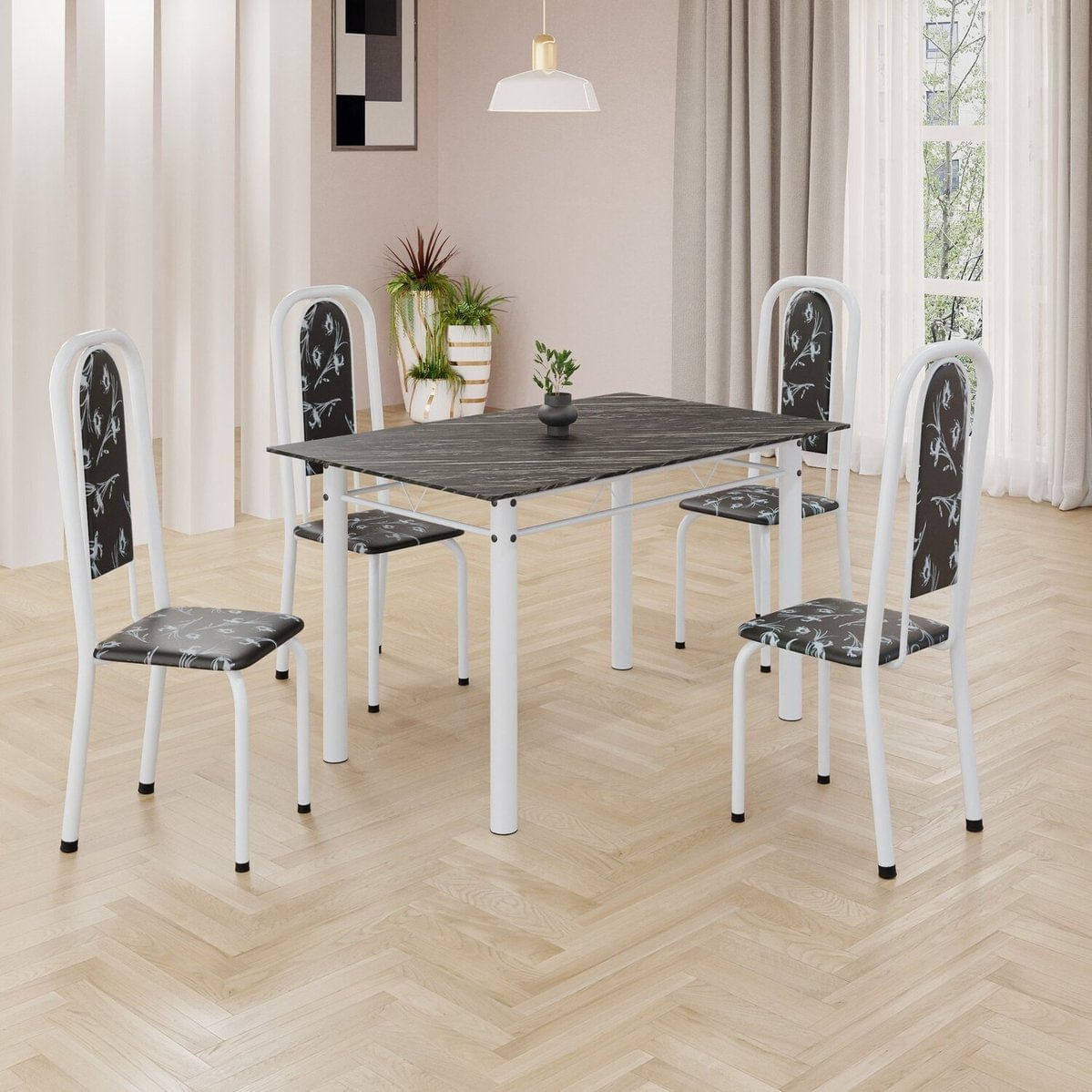 Conjunto De Mesa Retangular 120x75cm Tampo Ardósia Indiano 4 Cadeiras Lavínea Preto Floral/ Branco