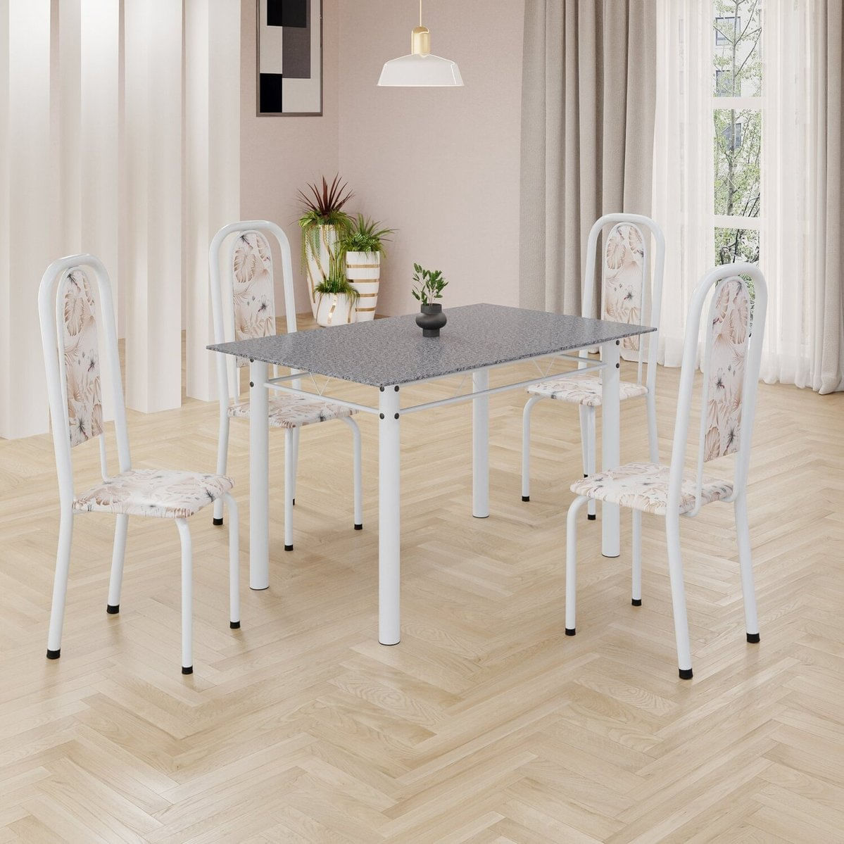 Conjunto De Mesa Retangular 120x75cm Tampo Granito Ocre 4 Cadeiras Lavínea Botanic Bege / Branco