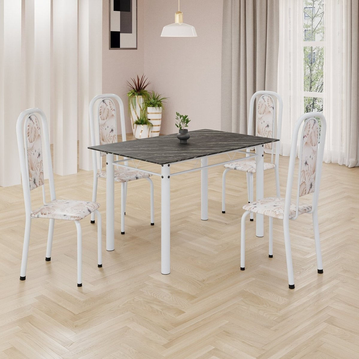 Conjunto De Mesa Retangular 120x75cm Tampo Ardósia Indiano 4 Cadeiras Lavínea Botanic Bege / Branco