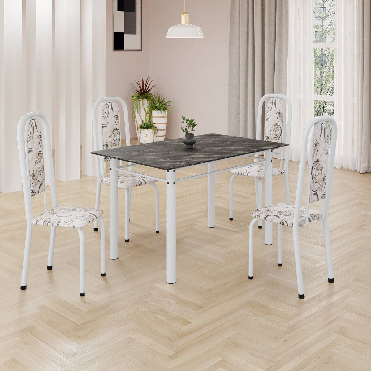 Conjunto De Mesa Retangular 120x75cm Tampo Ardósia Indiano 4 Cadeiras Lavínea Arabesco/ Branco