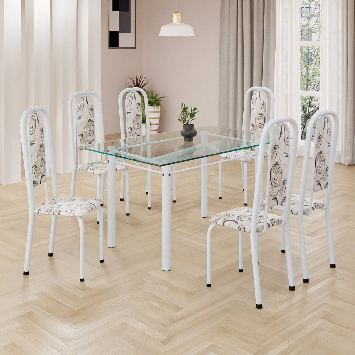 Conjunto De Mesa Retangular 140x75cm Tampo De Vidro 6 Cadeiras Lavínea Arabesco/ Branco