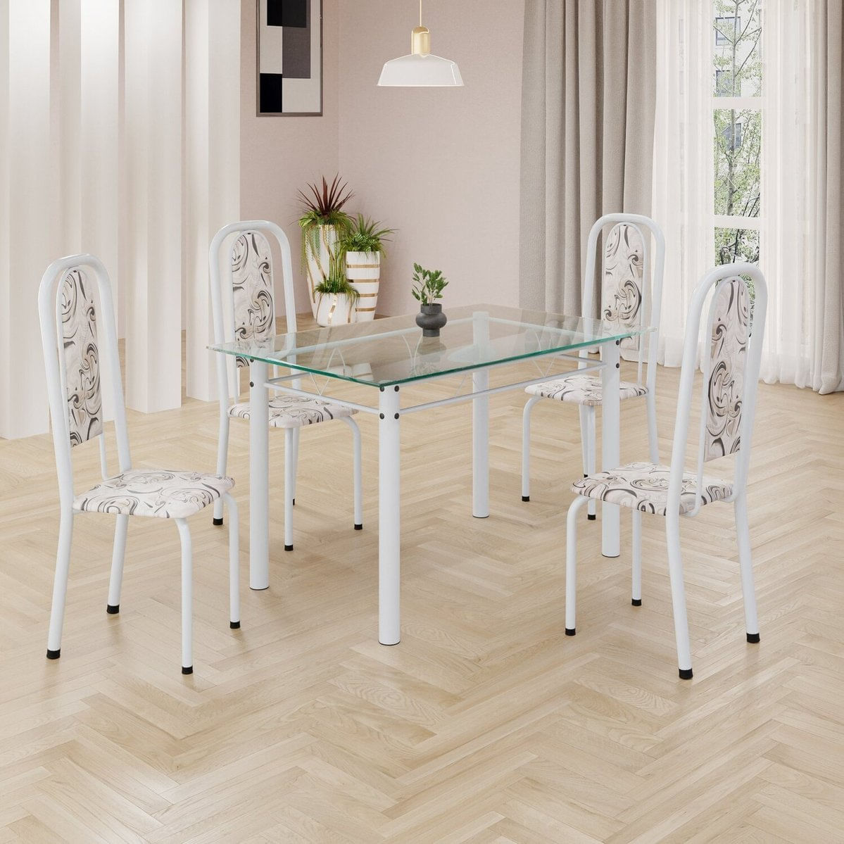 Conjunto De Mesa Retangular A 120x75cm Tampo De Vidro 4 Cadeiras Lavínea Arabesco/ Branco