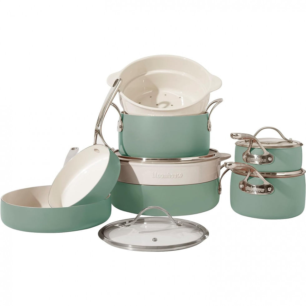 Conjunto De Panelas E Frigideiras Antiaderentes Em Aluminio Com Revestimento Ceramico, 12 Pecas, Bloomhouse, Verde