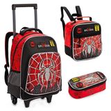 Kit Mochila De Rodinhas + Lancheira Térmica + Estojo Menino Aranha Dark Spider Denlex