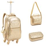 Kit Mochila De Rodinhas + Lancheira + Estojo Box Just Estrelas Denlex Dourado