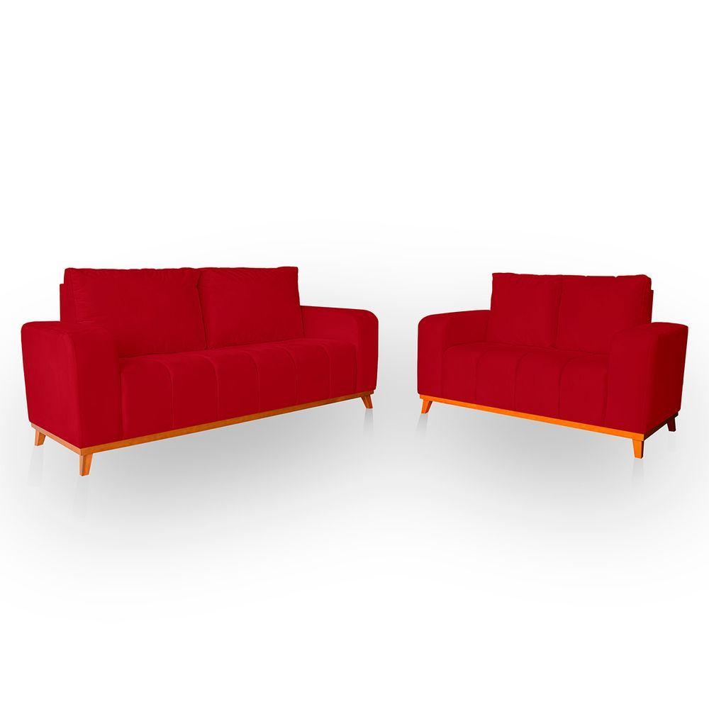 Sofá 3x2 Lugares Memphis Ultra Conforto Em Madeira Maciça E Suede - Lh Decor Cor Vermelho