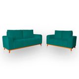 Sofá 3x2 Lugares Memphis Ultra Conforto Em Madeira Maciça E Suede - Lh Decor Cor Azul Turquesa