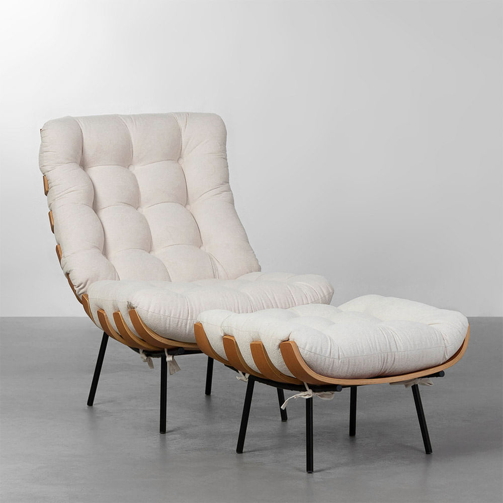 Poltrona Costela Encosto Alto Com Puff botonê - Bege Claro