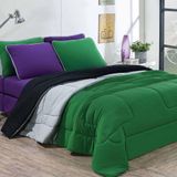 Kit Edredom + Jogo De Lençol Malha 100% Algodão Urbano 5 Peças Solteiro - Verde Bandeira-mescla-roxo