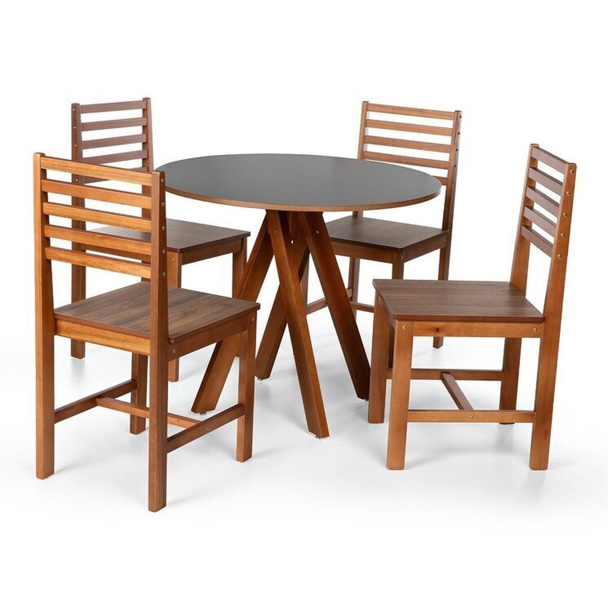 Conjunto Mesa De Jantar Redonda Lisa 90cm Preto Com Cadeiras Luna Assento Mdf Madeira Maciça Preto/amadeirado