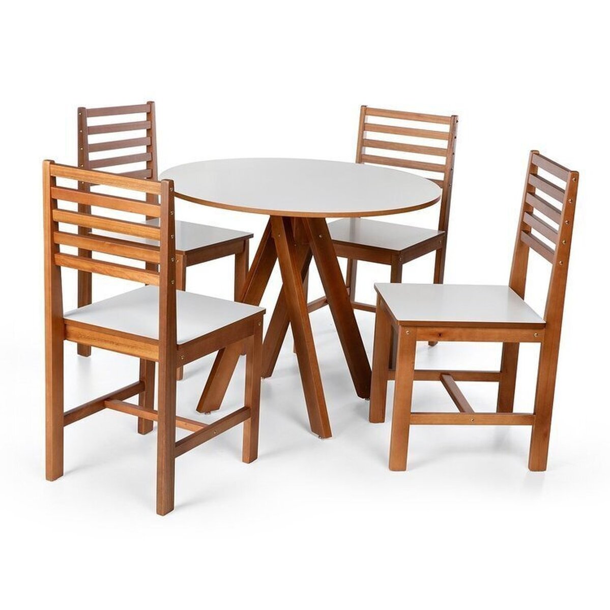 Conjunto Mesa De Jantar Redonda Lisa 90cm Com Cadeiras Luna Assento Mdf Madeira Maciça Branco