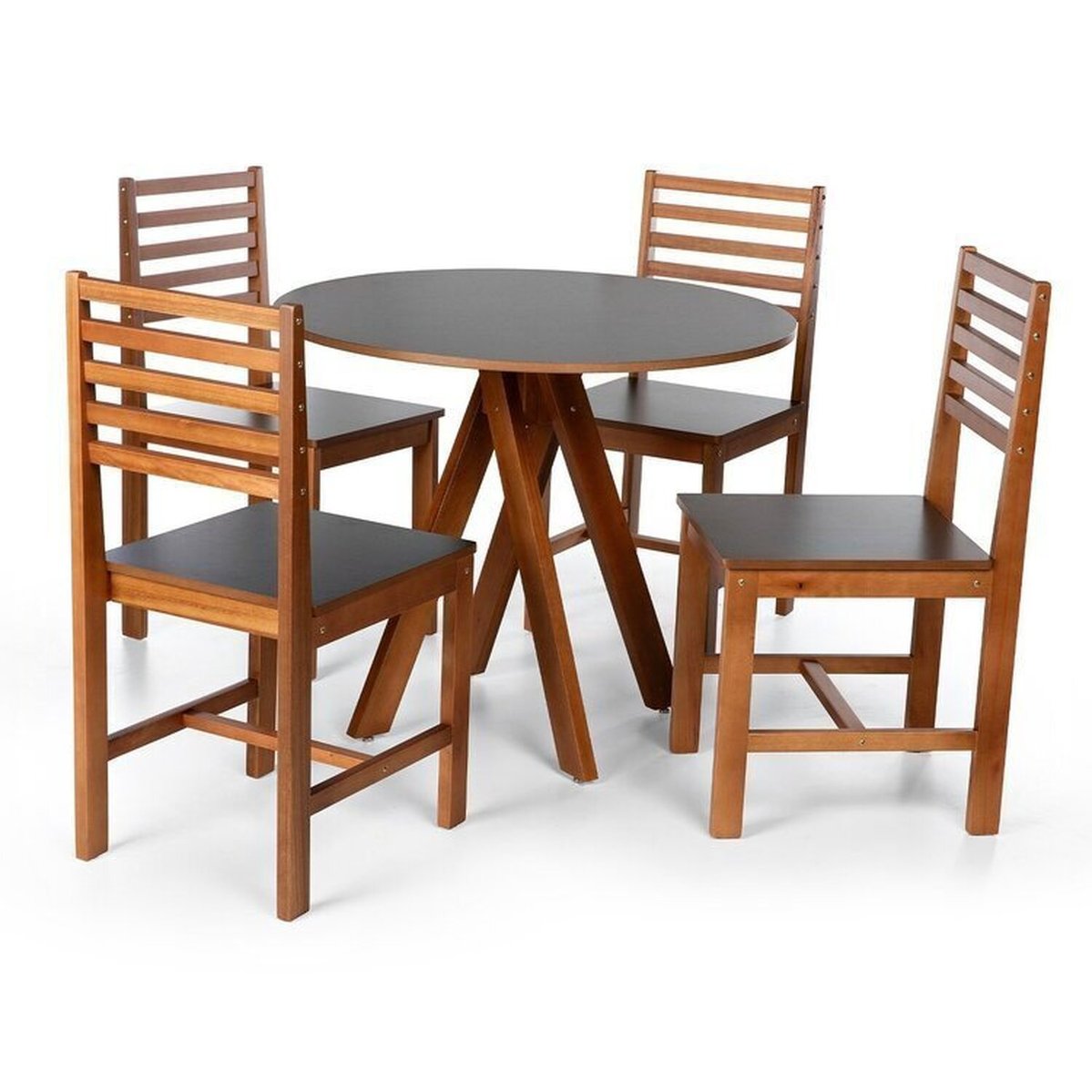 Conjunto Mesa De Jantar Redonda Lisa 90cm Preto Com Cadeiras Luna Assento Mdf Madeira Maciça Preto