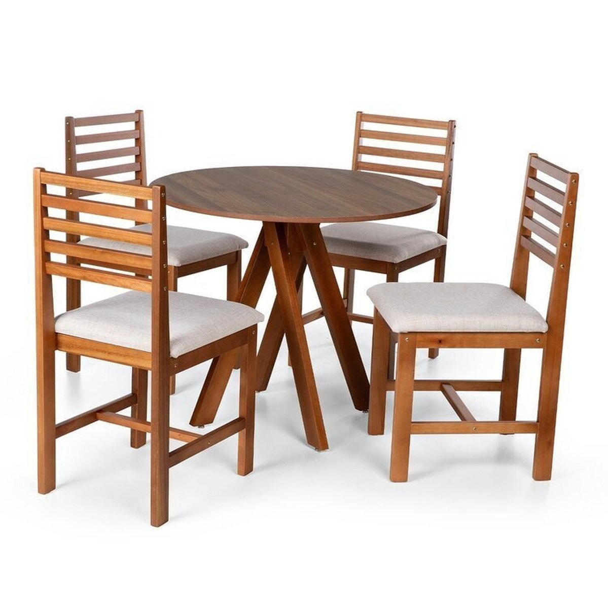 Conjunto Mesa De Jantar Redonda Lisa 90cm Amadeirada Com Cadeiras Luna Estofadas Madeira Maciça Amadeirado/bege