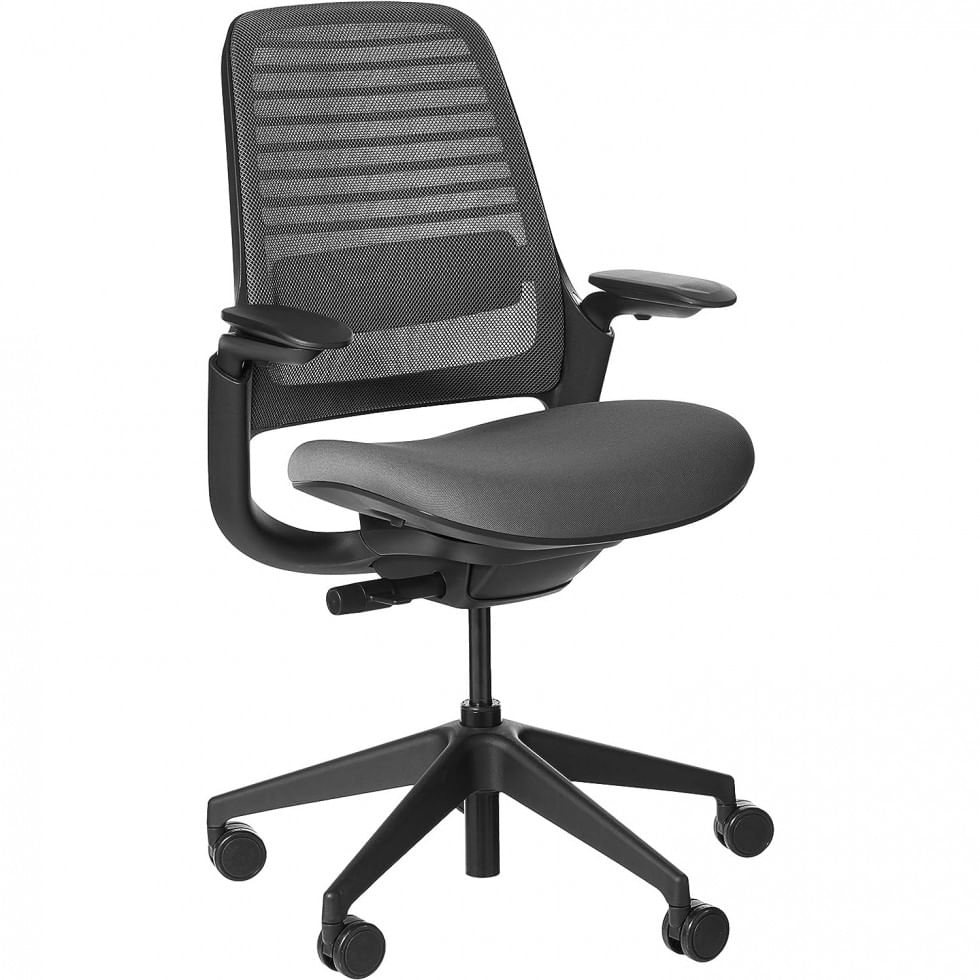 Cadeira De Escritorio Ergonomica Giratoria Com Encosto Medio, Escuro, Steelcase 435a00 5t29 5s25 6205 4arm Lum Cc, Cinza Escuro