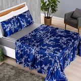 Jogo Cama Lençol Vine Queen Cetim Estampado Alto Brilho 4 Peças - Azul Egípcio Floral