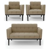 Conjunto 2 Poltronas E 1 Namoradeira Decorativa Pés Fixo Em Madeira Preto Suede Nude