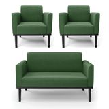 Conjunto 2 Poltronas E 1 Namoradeira Decorativa Pés Fixo Em Madeira Preto Suede Verde