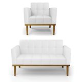 Conjunto Poltrona E Namoradeira Decorativas Pés Fixo Em Madeira Castanho Pu Branco