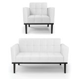Conjunto Poltrona E Namoradeira Decorativa Pés Fixo Em Madeira Preto Pu Branco