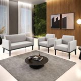 Conjunto 2 Poltronas E 1 Namoradeira Decorativa Pés Fixo Em Madeira Preto Veludo Cinza
