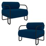 Kit 2 Poltronas Decorativas Sala De Estar Polatsk Base Industrial De Ferro Veludo Azul G33