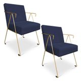 Kit 02 Poltronas Decorativa Taina Suede Base Metálica Industrial Dourado Azul Marinho